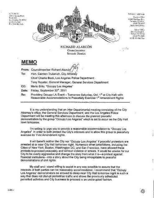 Memo of support for OccupyLA from Los Angeles
              Councilman Richard Alarcon 